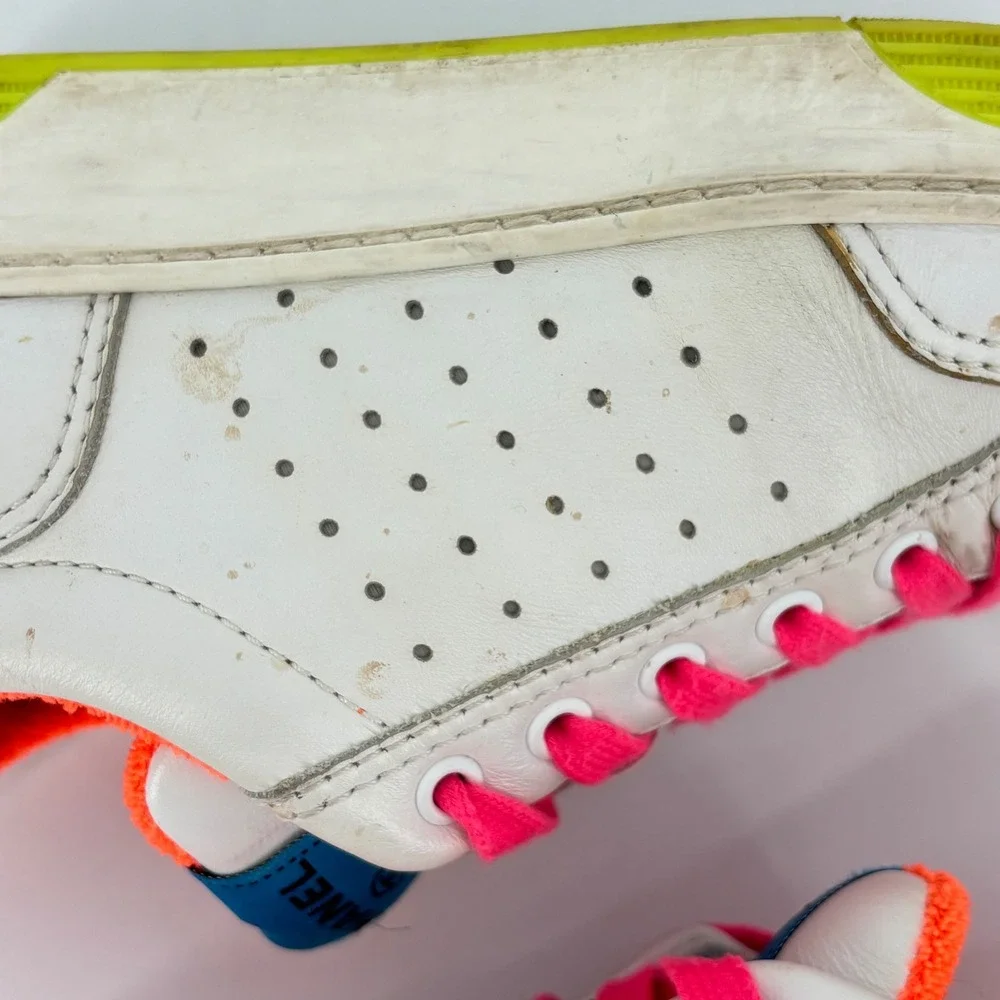 Chanel Calfskin Logo Low Top Sneakers White Neon Women Size 39 Leather Colorful